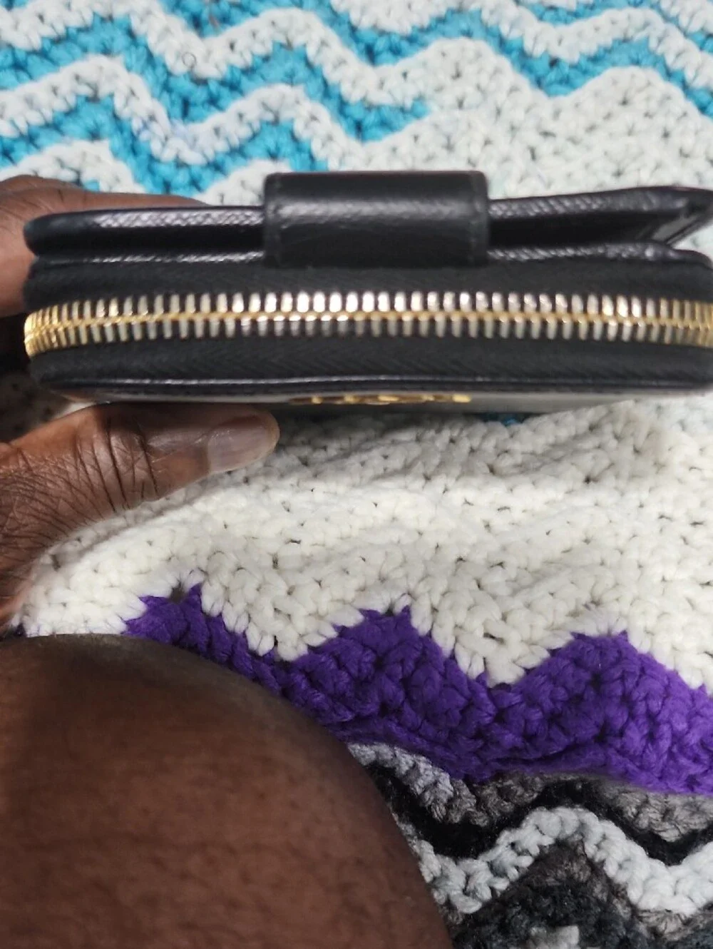 Prada Black Saffiano Leather Zip Wallet with Gold Logo